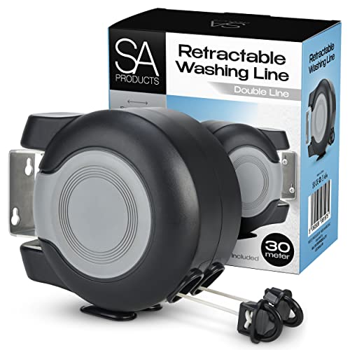 SA Products Twin Retractable Washing Line – 2×15m Wall-Mounted Clothes Line, 30m Total